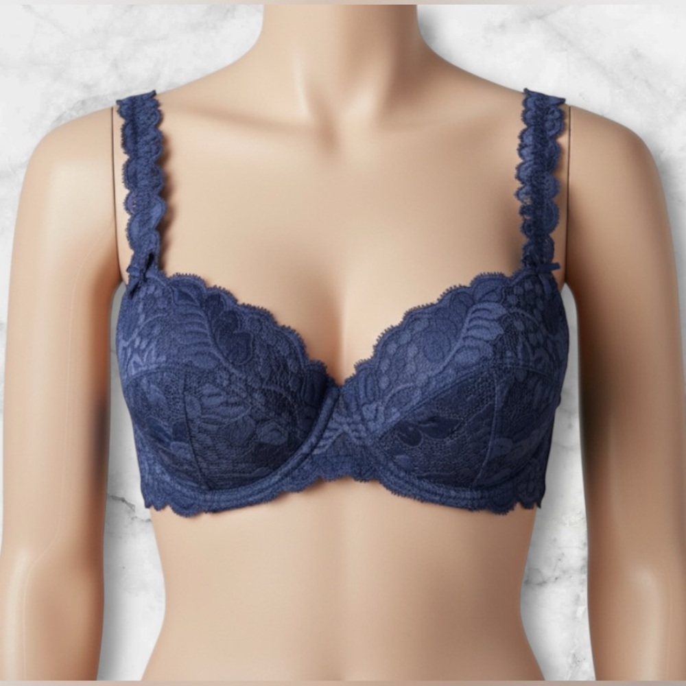 Barbara Paris Vintage Bra Midnight Blue Lace Demi Underwire Balconette Size 34B - Picture 1 of 8